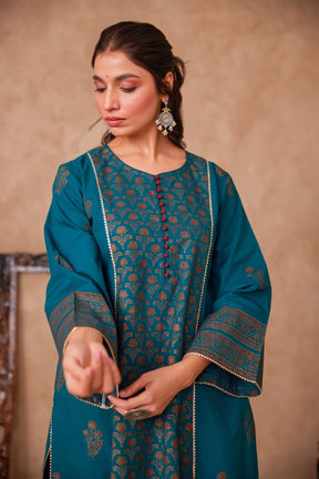 Green Cotton Hand Block Gold Printed Coord Set - Tara - C - Tara