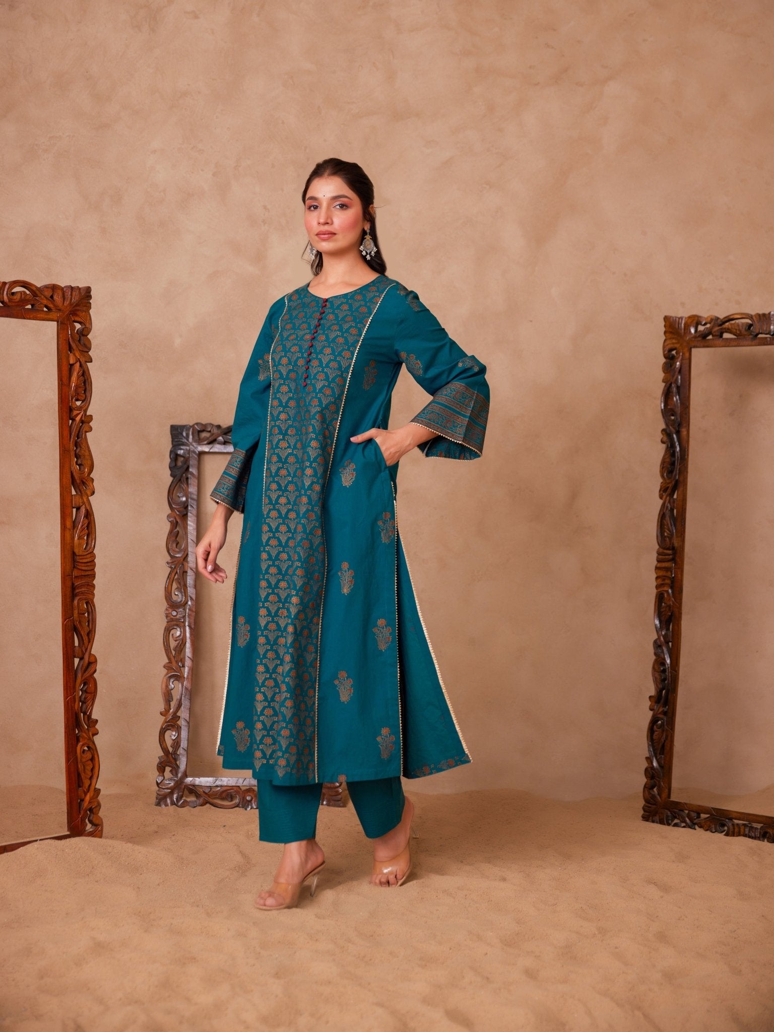 Green Cotton Hand Block Gold Printed Coord Set - Tara - C - Tara
