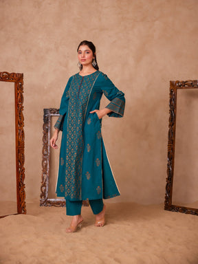 Green Cotton Hand Block Gold Printed Coord Set - Tara - C - Tara