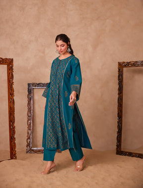 Green Cotton Hand Block Gold Printed Coord Set - Tara - C - Tara