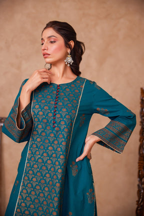 Green Cotton Hand Block Gold Printed Coord Set - Tara - C - Tara