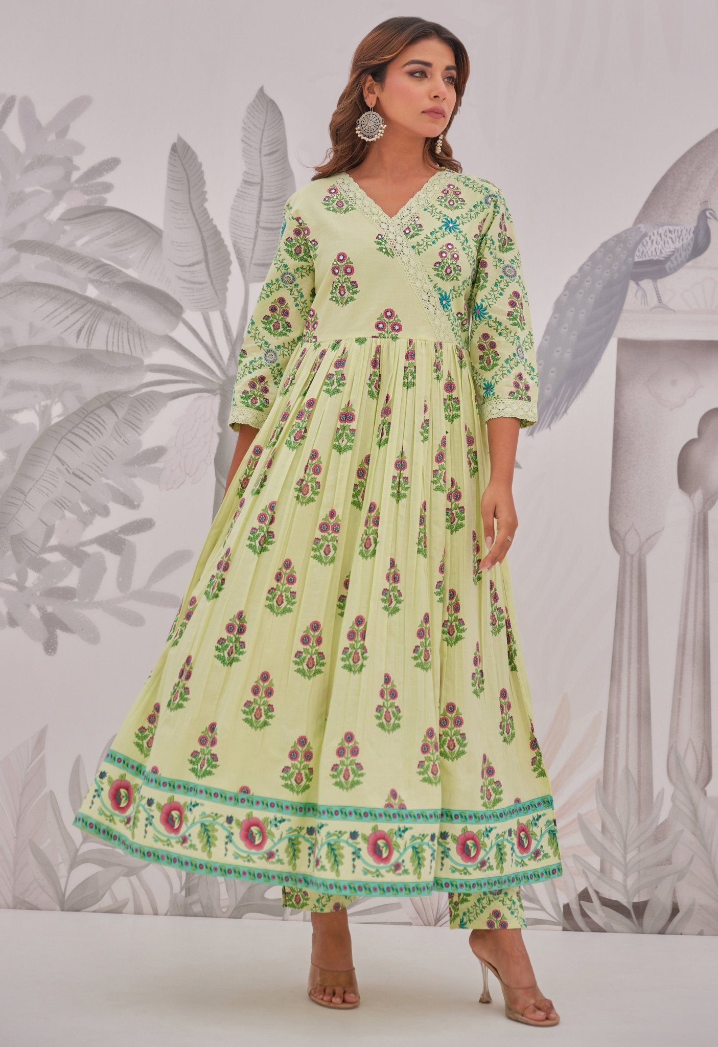 Green Floral Butta Printed Anarkali Suit Set - Tara - C - Tara