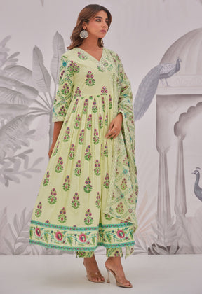 Green Floral Butta Printed Anarkali Suit Set - Tara - C - Tara