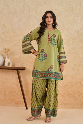 Green Floral Print Cotton Farsi Salwar Co-ord Set - Tara-C-Tara