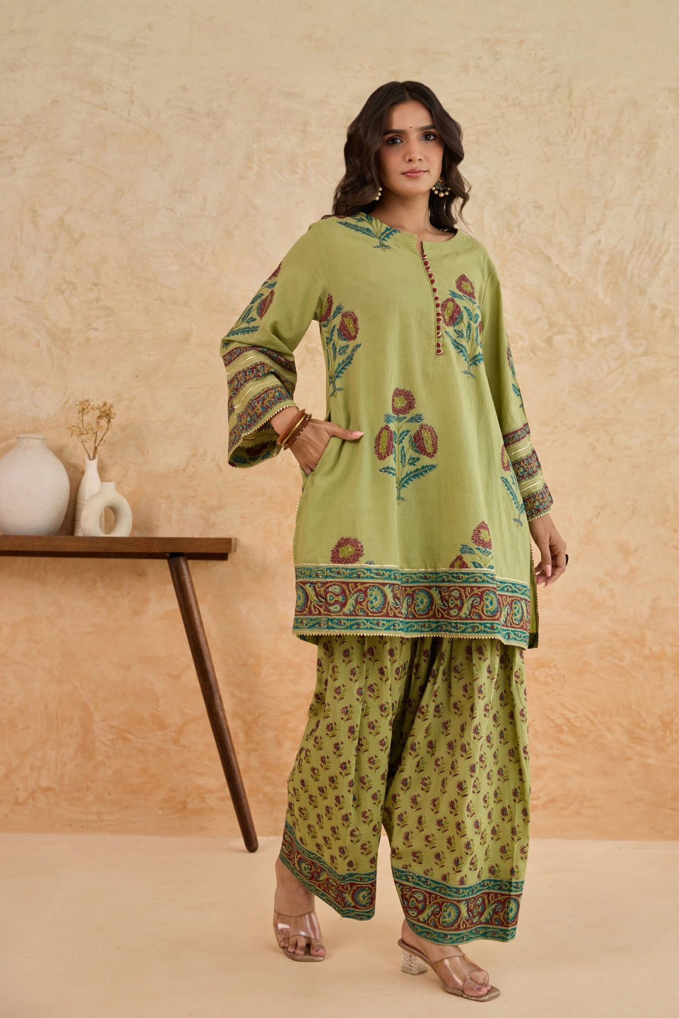 Green Floral Print Cotton Farsi Salwar Co-ord Set - Tara-C-Tara
