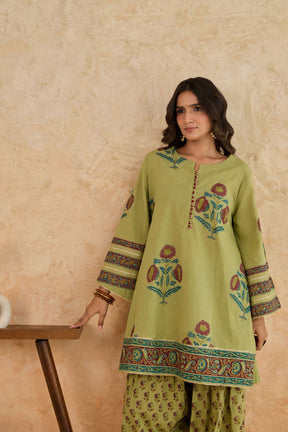 Green Floral Print Cotton Farsi Salwar Co-ord Set - Tara-C-Tara