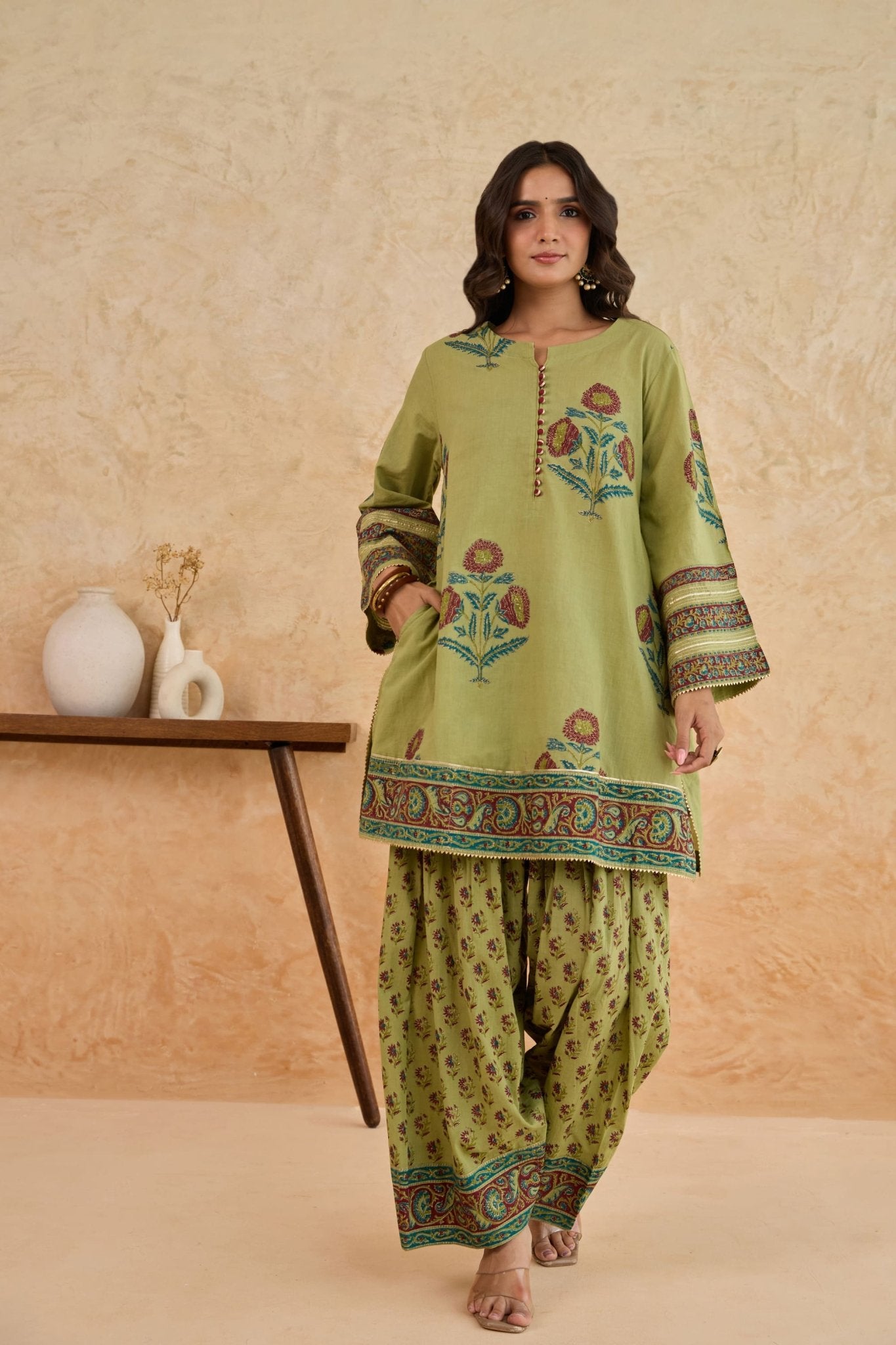 Green Floral Print Cotton Farsi Salwar Co-ord Set - Tara-C-Tara