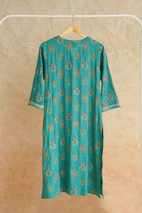 Green Floral Printed Art Silk Kurta - Tara-C-Tara