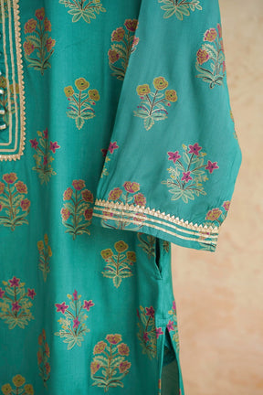 Green Floral Printed Art Silk Kurta - Tara-C-Tara