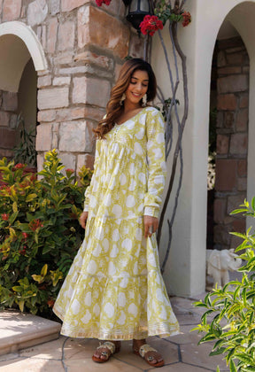 Green Floral Tiered Long Dress With Pants and Doriya Dupatta (3PC SET) - Tara-C-Tara