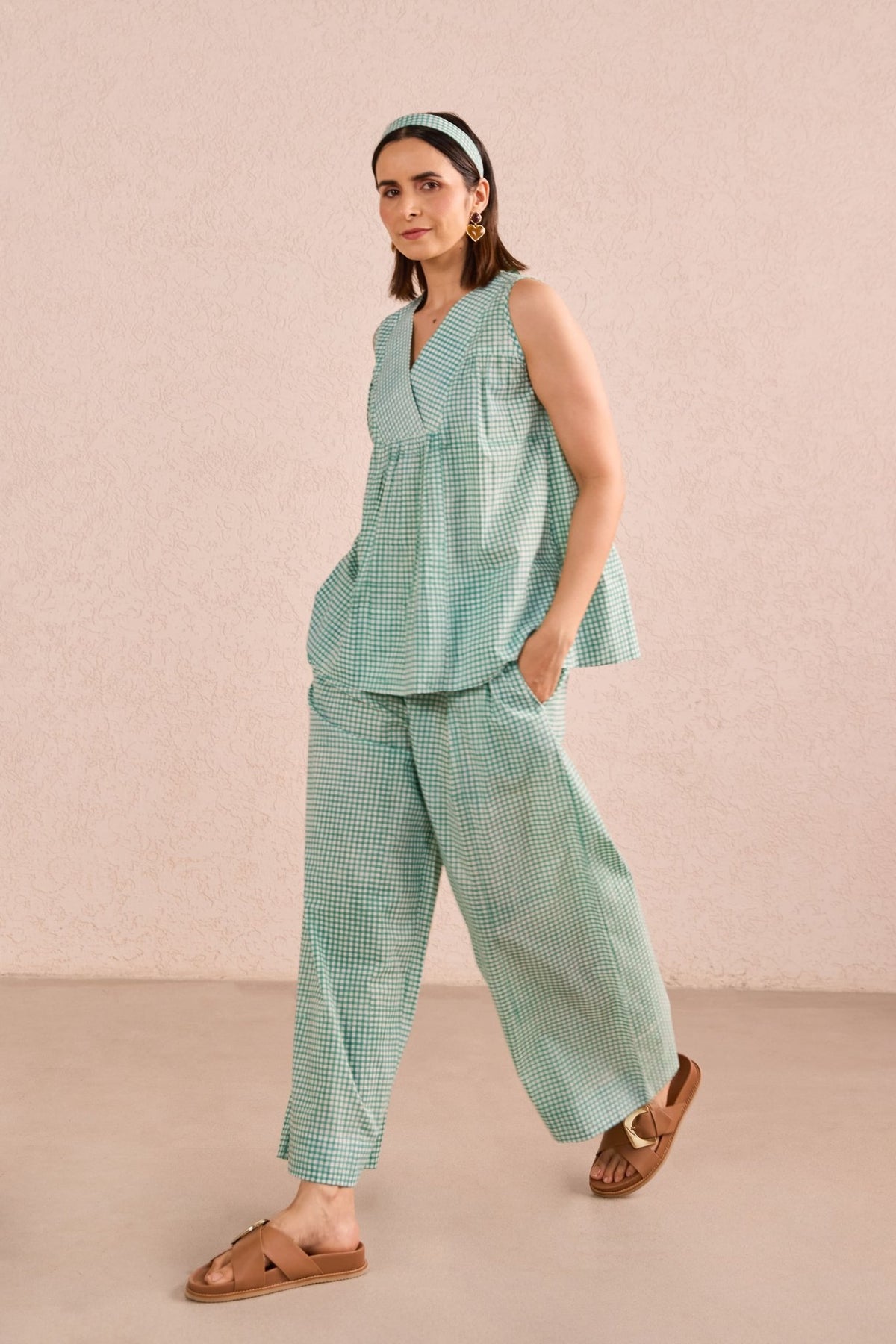 Green Gingham Check Sleeveless Co-ord Set - Tara-C-Tara