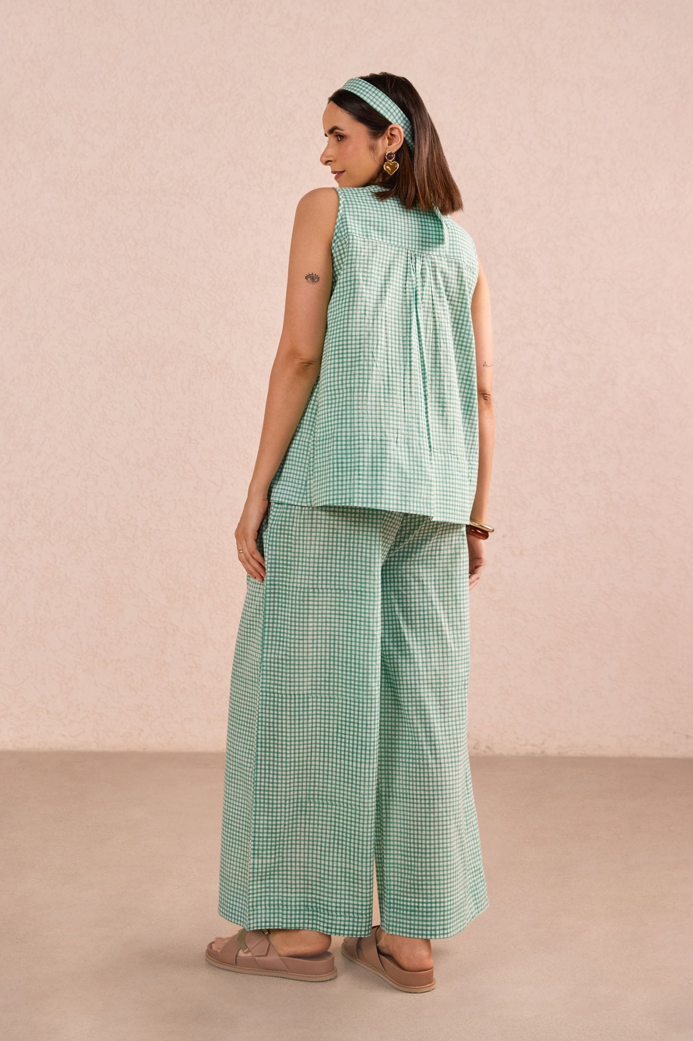 Green Gingham Check Sleeveless Co-ord Set - Tara-C-Tara