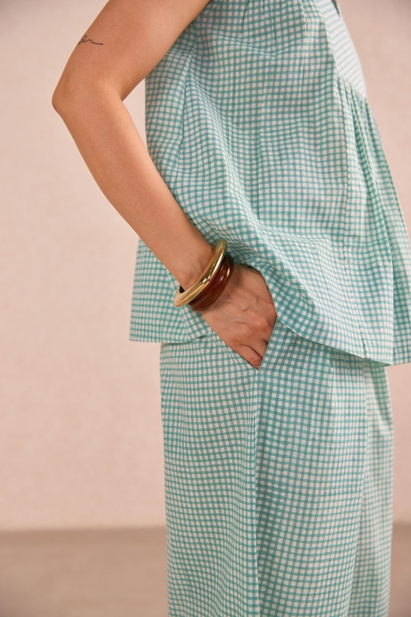 Green Gingham Check Sleeveless Co-ord Set - Tara-C-Tara