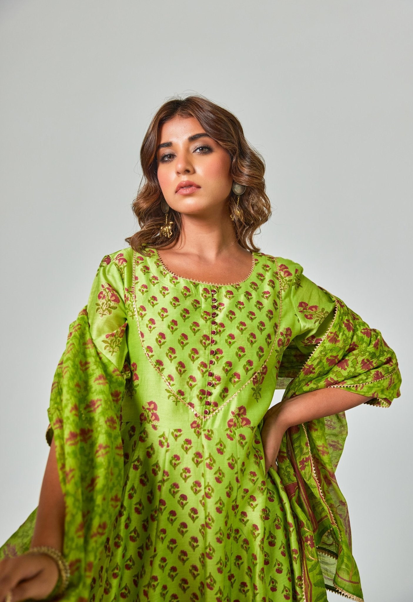 Green Handblock Printed Chanderi Anarkali Set - Tara - C - Tara