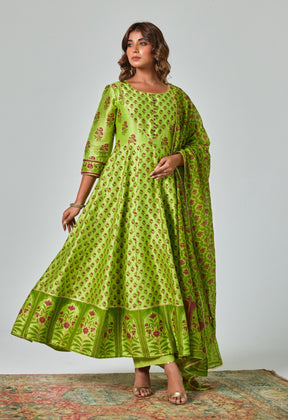 Green Handblock Printed Chanderi Anarkali Set - Tara - C - Tara