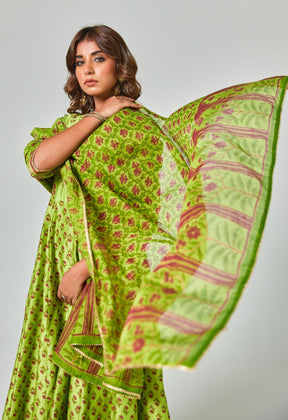 Green Handblock Printed Chanderi Anarkali Set - Tara - C - Tara