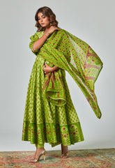 Green Handblock Printed Chanderi Anarkali Set - Tara - C - Tara