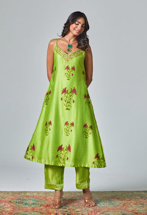 Green Handblock Printed Chanderi Suit Set - Tara - C - Tara