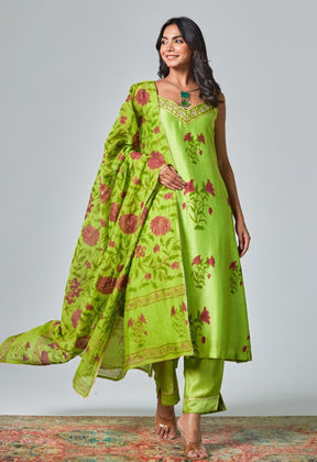 Green Handblock Printed Chanderi Suit Set - Tara - C - Tara