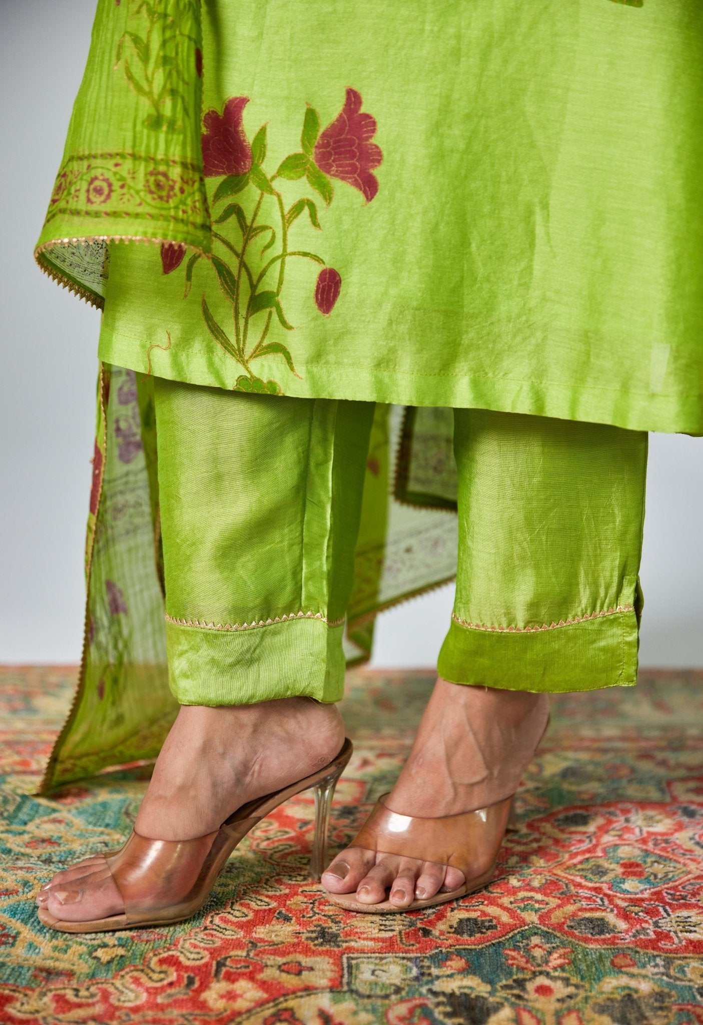 Green Handblock Printed Chanderi Suit Set - Tara - C - Tara