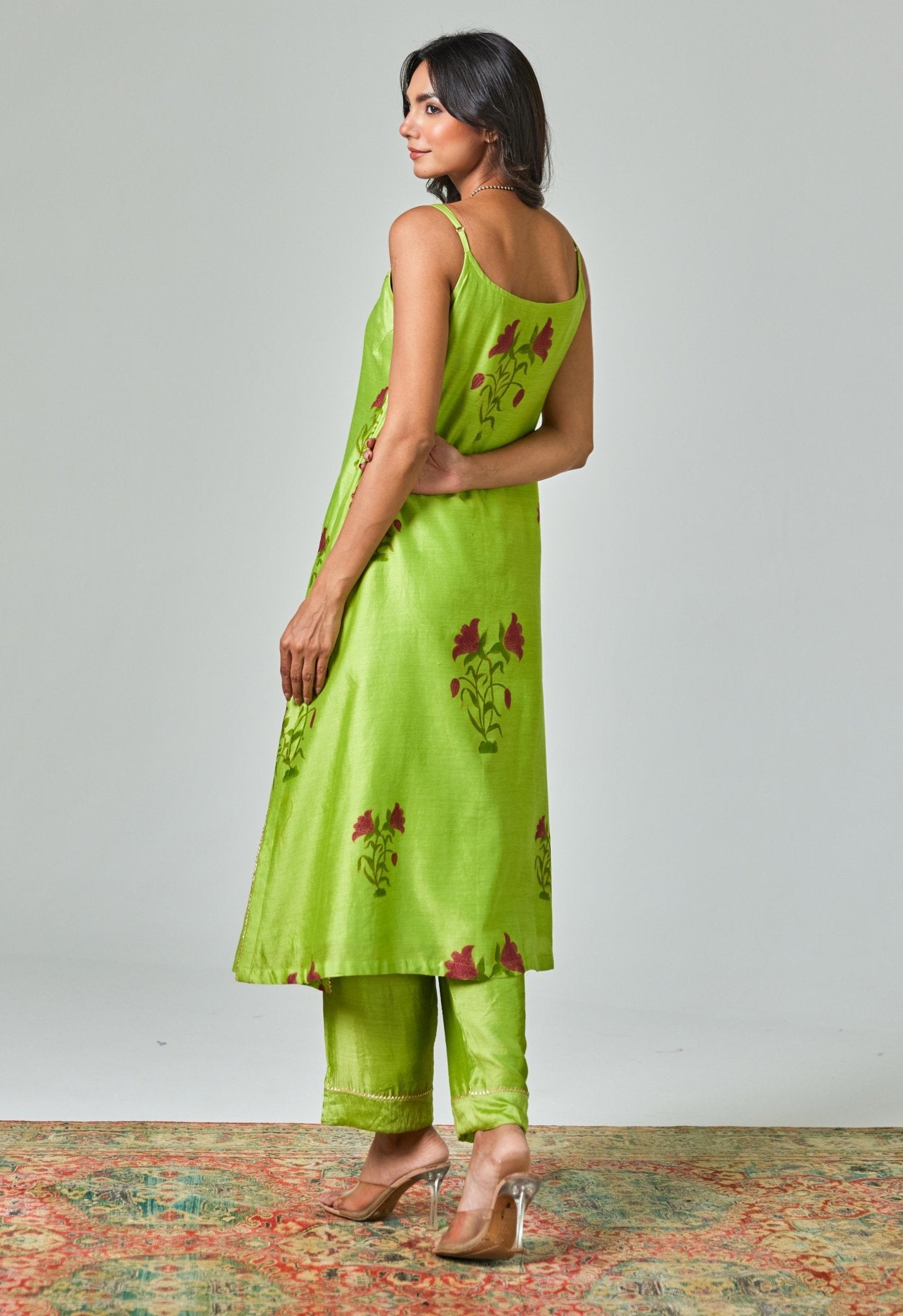 Green Handblock Printed Chanderi Suit Set - Tara - C - Tara