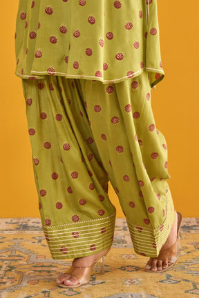 Green Polka Dot Farshi Salwar Suit Set With Dupatta - Tara - C - Tara