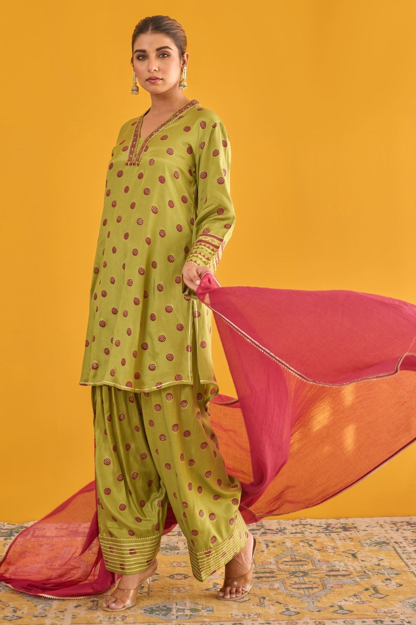 Green Polka Dot Farshi Salwar Suit Set With Dupatta - Tara - C - Tara