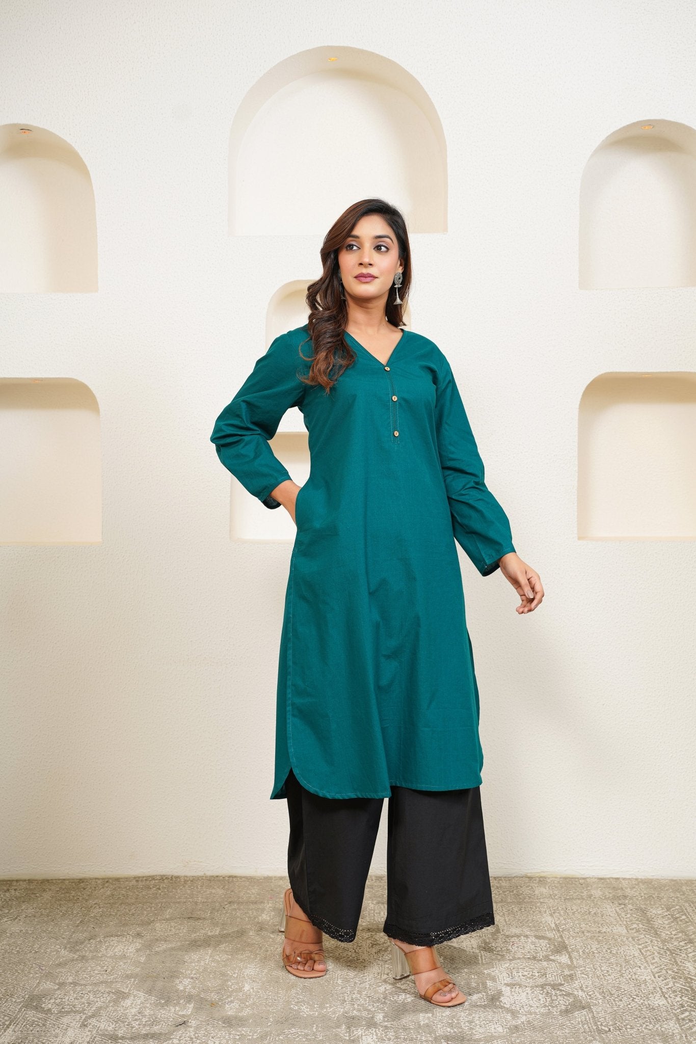 Green Premium Cotton Long Kurta - Tara - C - Tara