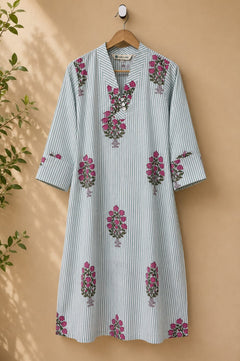 Green Stripe & Floral Buta Cotton Kurta