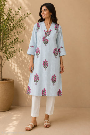 Green Stripe & Floral Buta Cotton Kurta - Tara-C-Tara