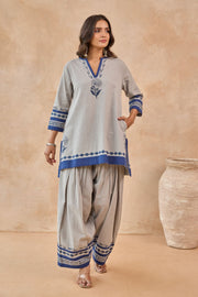 Grey Blue Floral Hand Block Print Embroirdered Farsi Salwar Co-ord Set