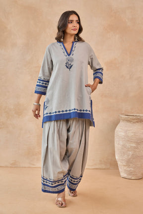 Grey Blue Floral Hand Block Print Embroirdered Farsi Salwar Co-ord Set - Tara-C-Tara