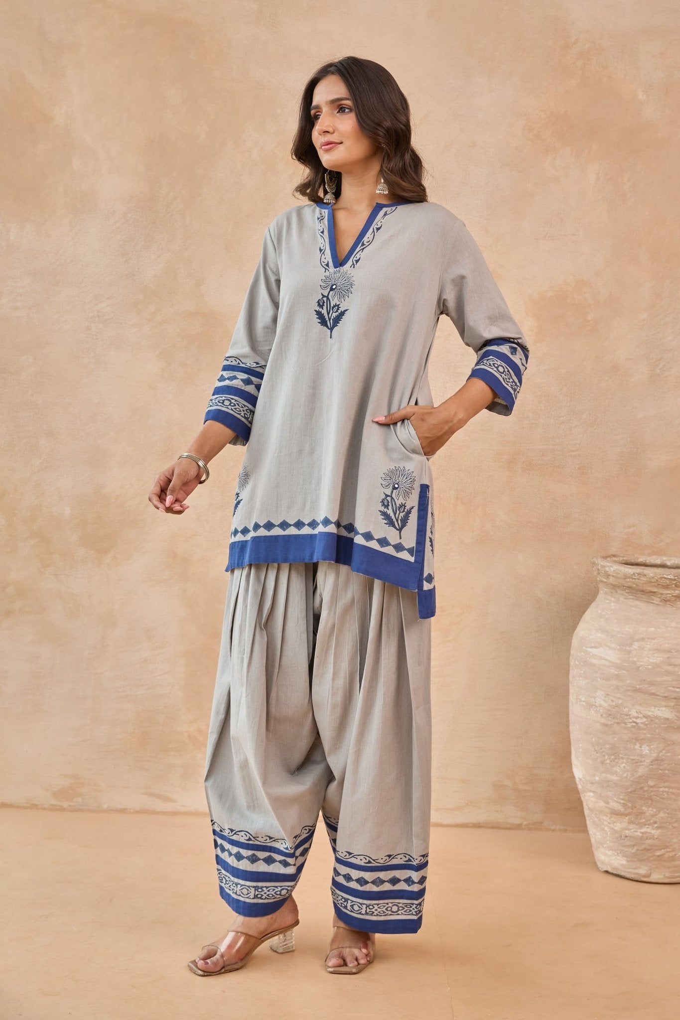 Grey Blue Floral Hand Block Print Embroirdered Farsi Salwar Co-ord Set - Tara-C-Tara
