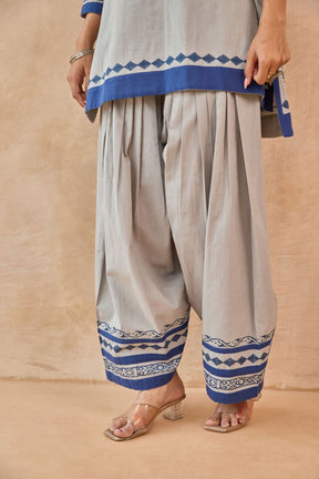 Grey Blue Floral Hand Block Print Embroirdered Farsi Salwar Co-ord Set - Tara-C-Tara