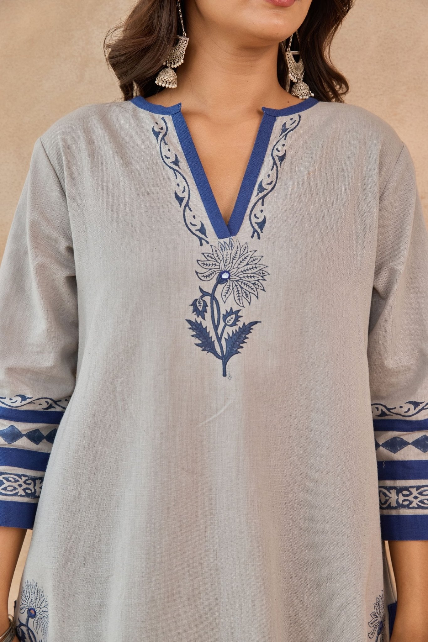 Grey Blue Floral Hand Block Print Embroirdered Farsi Salwar Co-ord Set - Tara-C-Tara