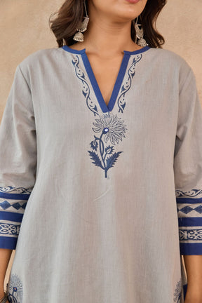 Grey Blue Floral Hand Block Print Embroirdered Farsi Salwar Co-ord Set - Tara-C-Tara