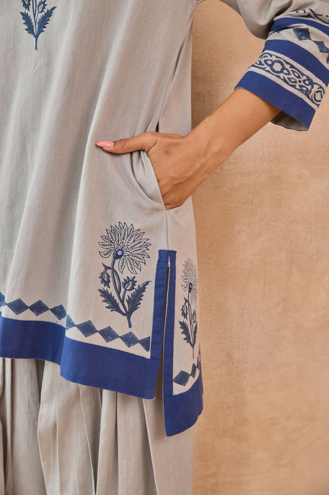 Grey Blue Floral Hand Block Print Embroirdered Farsi Salwar Co-ord Set - Tara-C-Tara