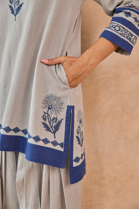 Grey Blue Floral Hand Block Print Embroirdered Farsi Salwar Co-ord Set - Tara-C-Tara