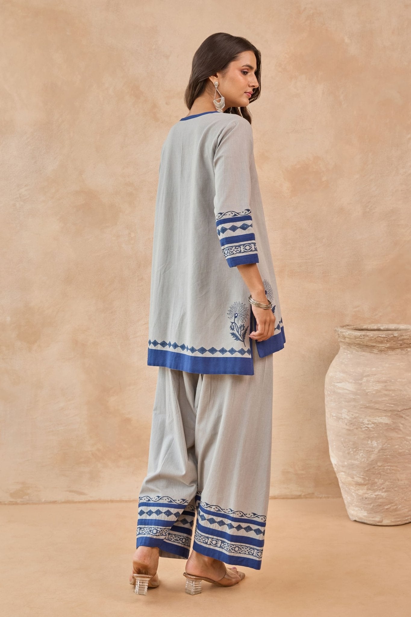 Grey Blue Floral Hand Block Print Embroirdered Farsi Salwar Co-ord Set - Tara-C-Tara