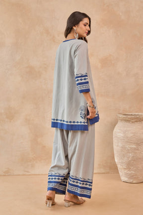 Grey Blue Floral Hand Block Print Embroirdered Farsi Salwar Co-ord Set - Tara-C-Tara