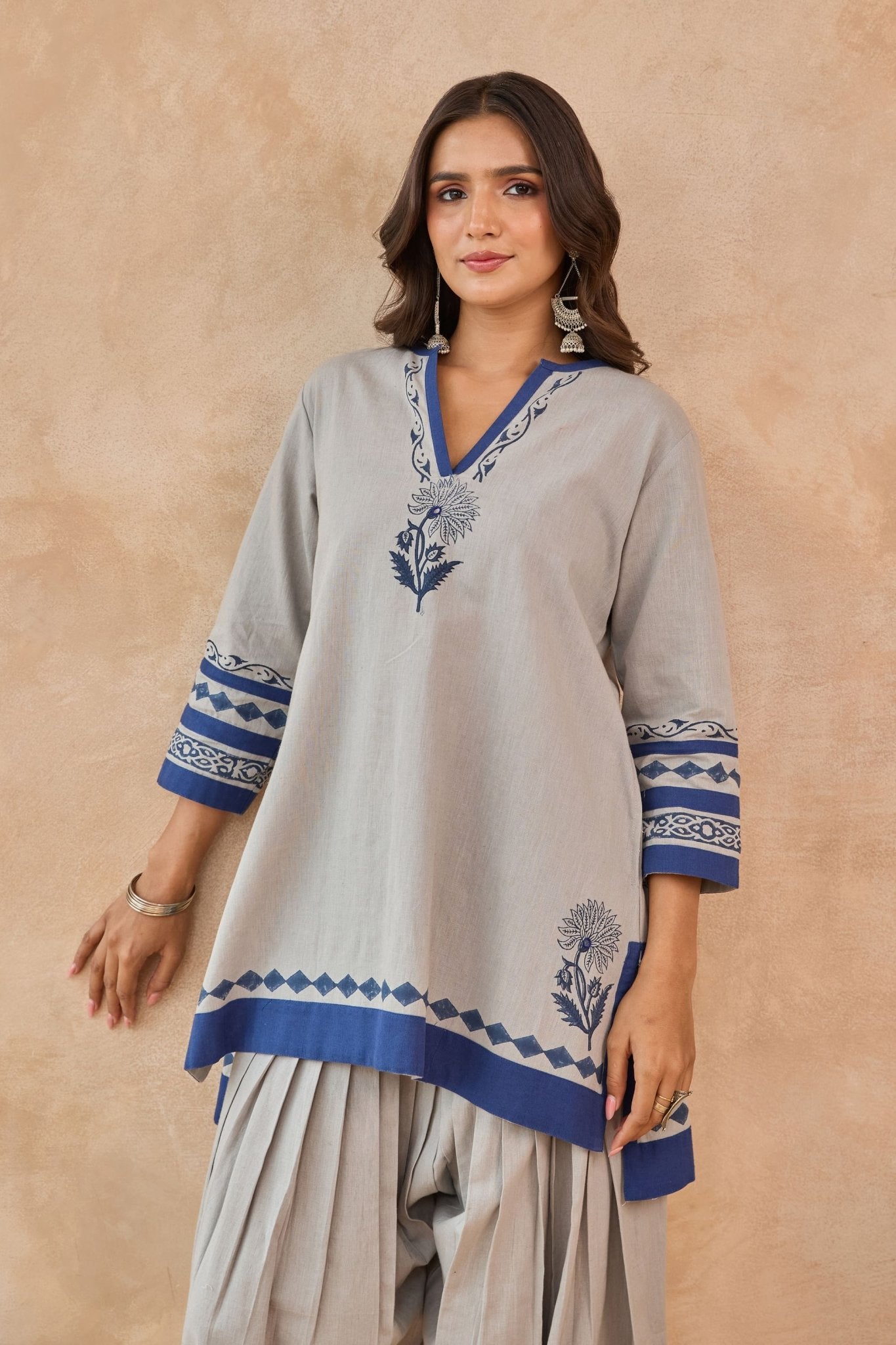 Grey Blue Floral Hand Block Print Embroirdered Farsi Salwar Co-ord Set - Tara-C-Tara