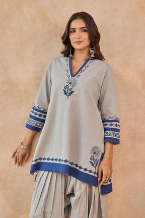 Grey Blue Floral Hand Block Print Embroirdered Farsi Salwar Co-ord Set - Tara-C-Tara