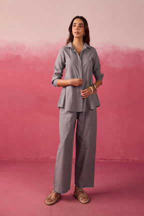 Grey Textured Cotton Short Tunic Co-ord Set - Tara-C-Tara