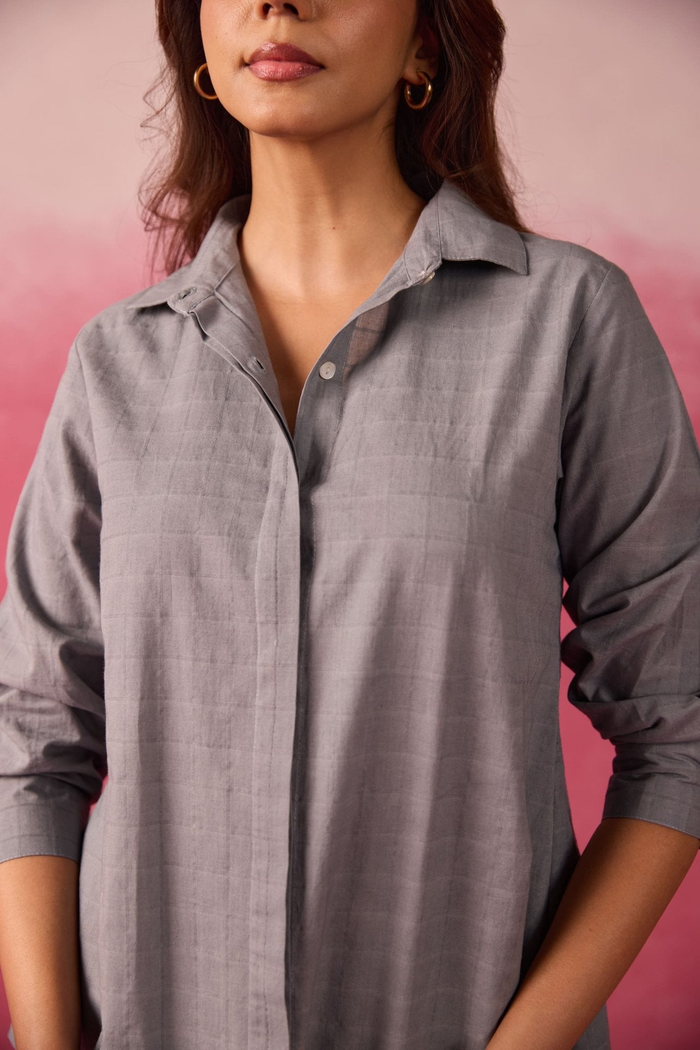 Grey Textured Cotton Short Tunic Co-ord Set - Tara-C-Tara