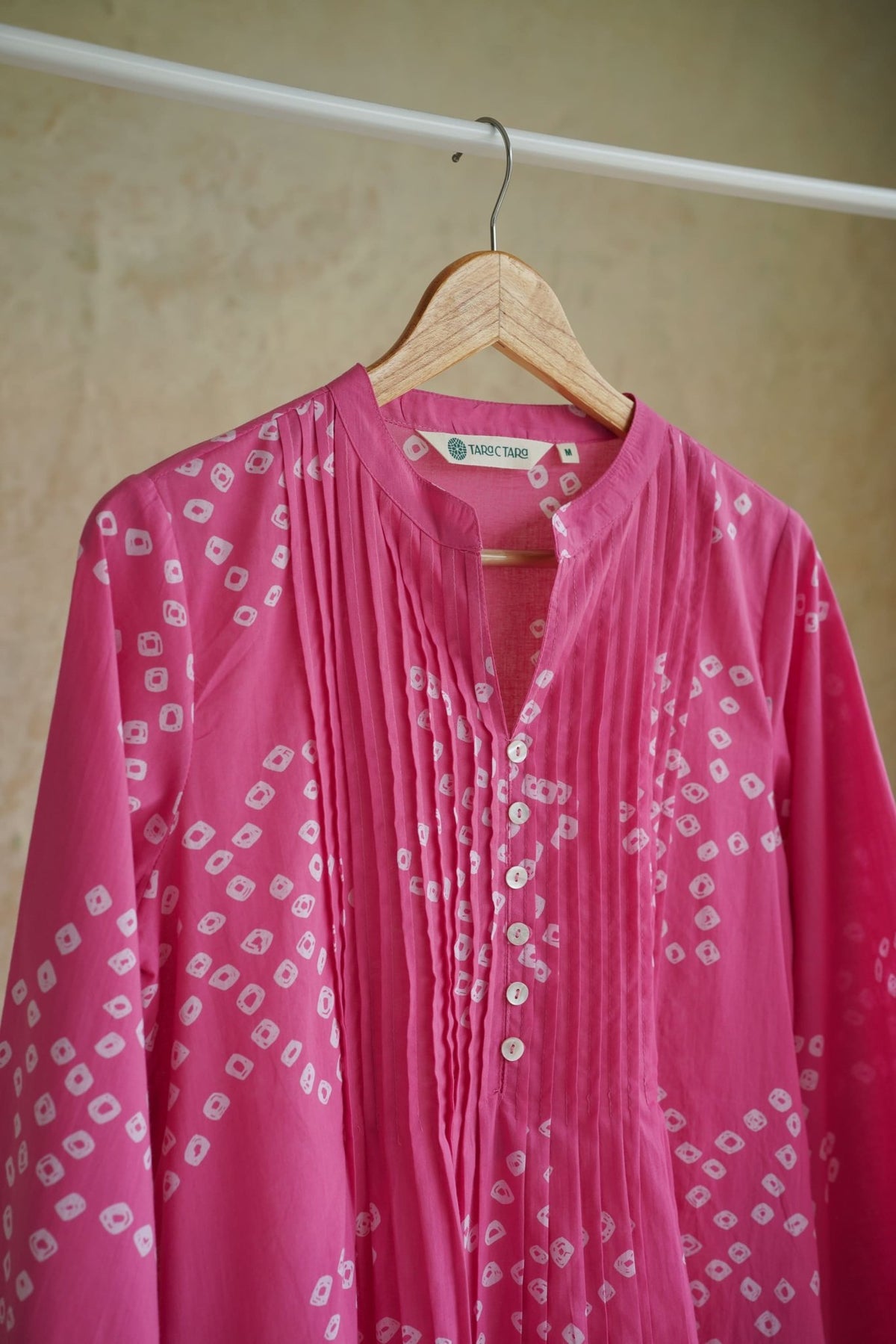 Hot Pink Bandhej Geometric Block Print Pintuck Top - Tara-C-Tara