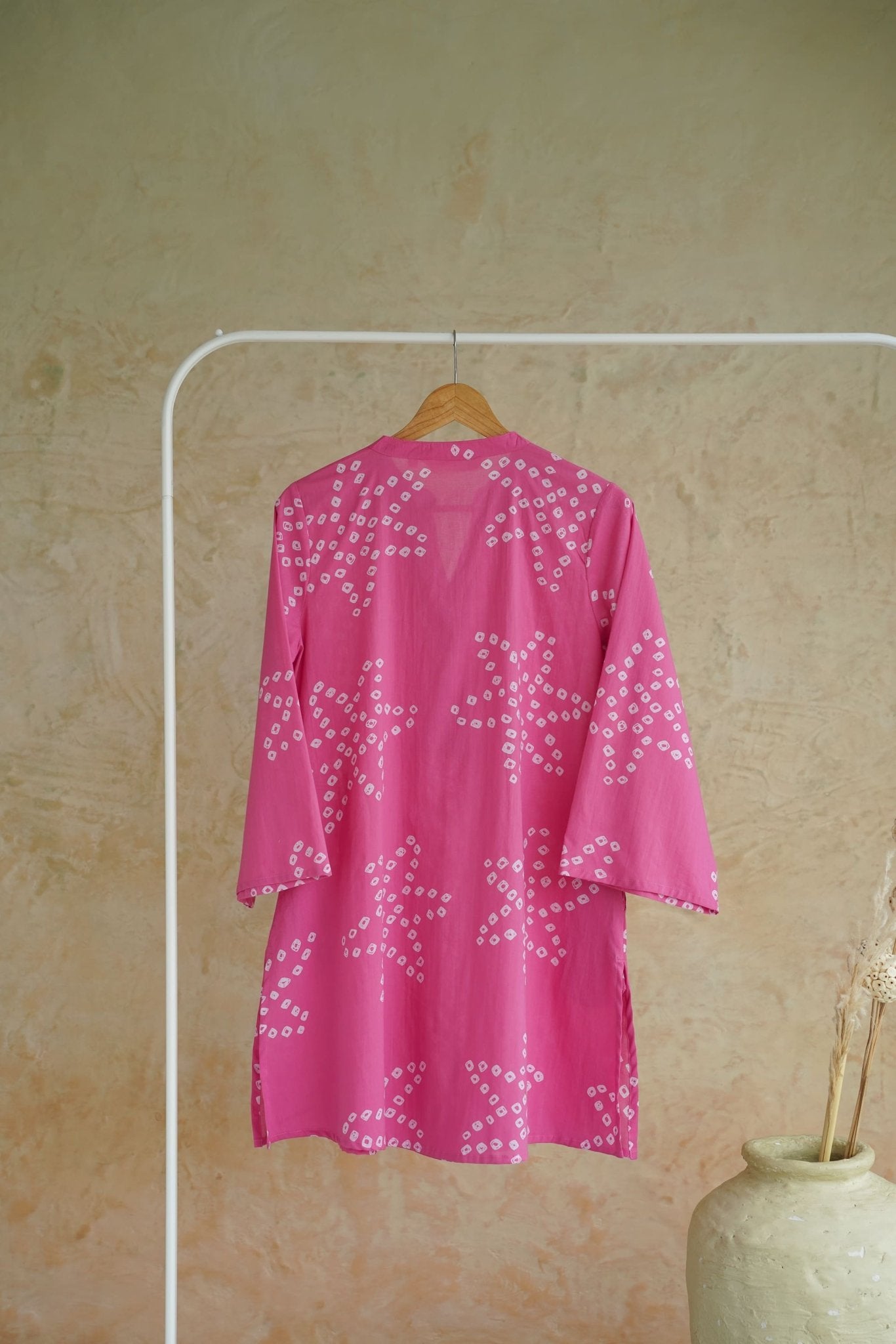 Hot Pink Bandhej Geometric Block Print Pintuck Top - Tara-C-Tara