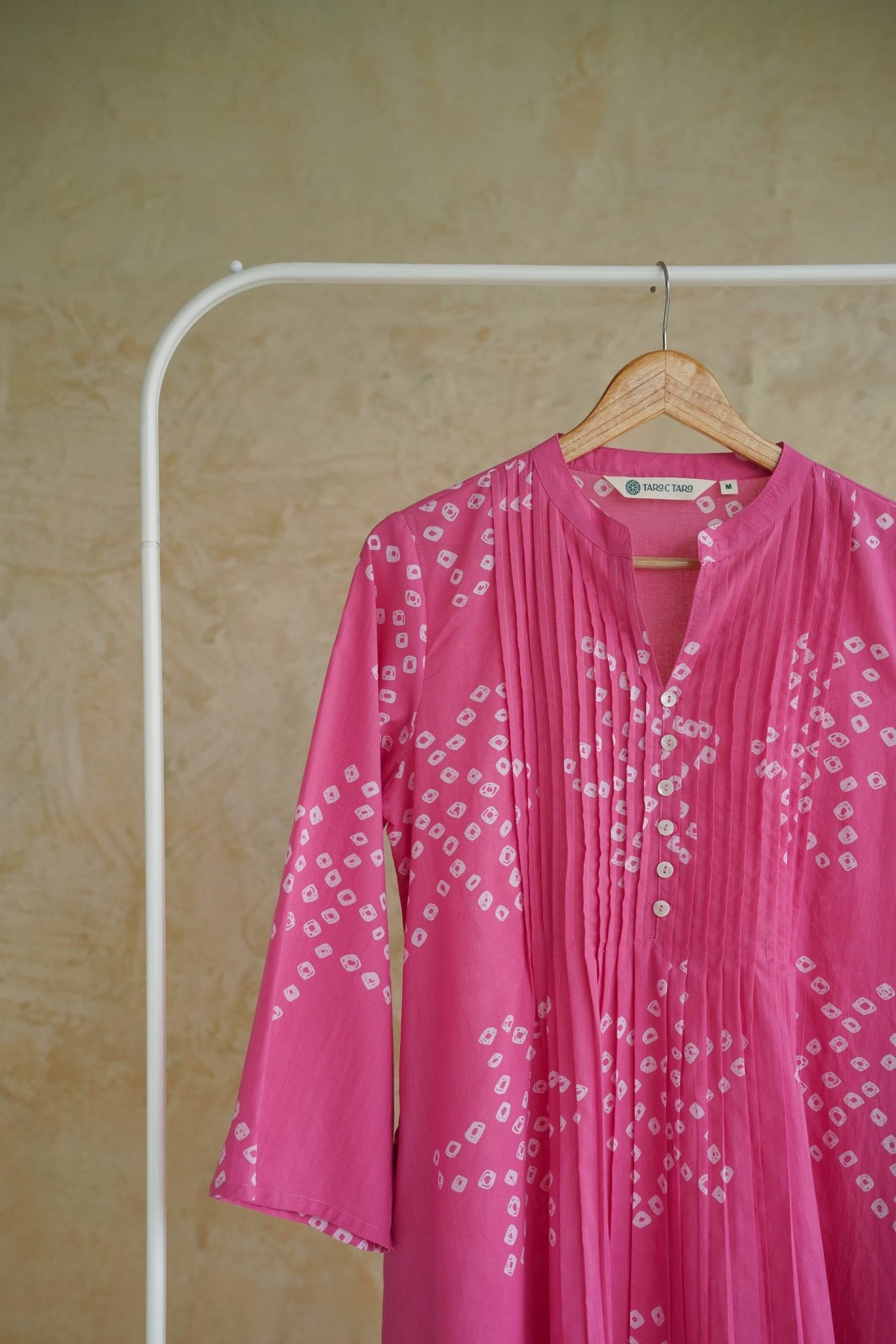 Hot Pink Bandhej Geometric Block Print Pintuck Top - Tara-C-Tara