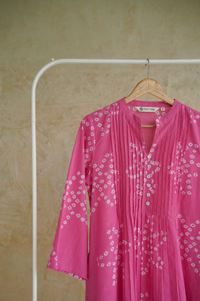 Hot Pink Bandhej Geometric Block Print Pintuck Top - Tara-C-Tara