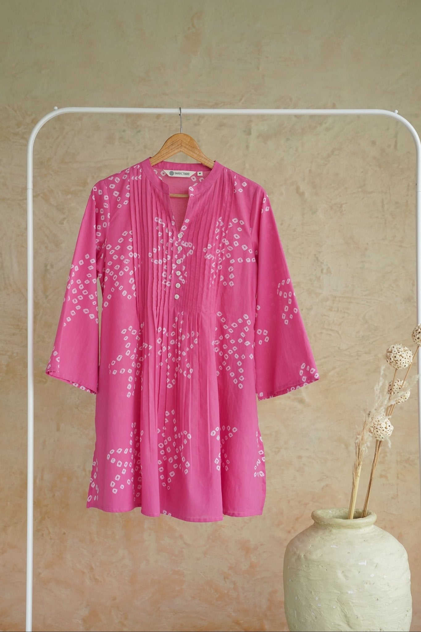 Hot Pink Bandhej Geometric Block Print Pintuck Top - Tara-C-Tara