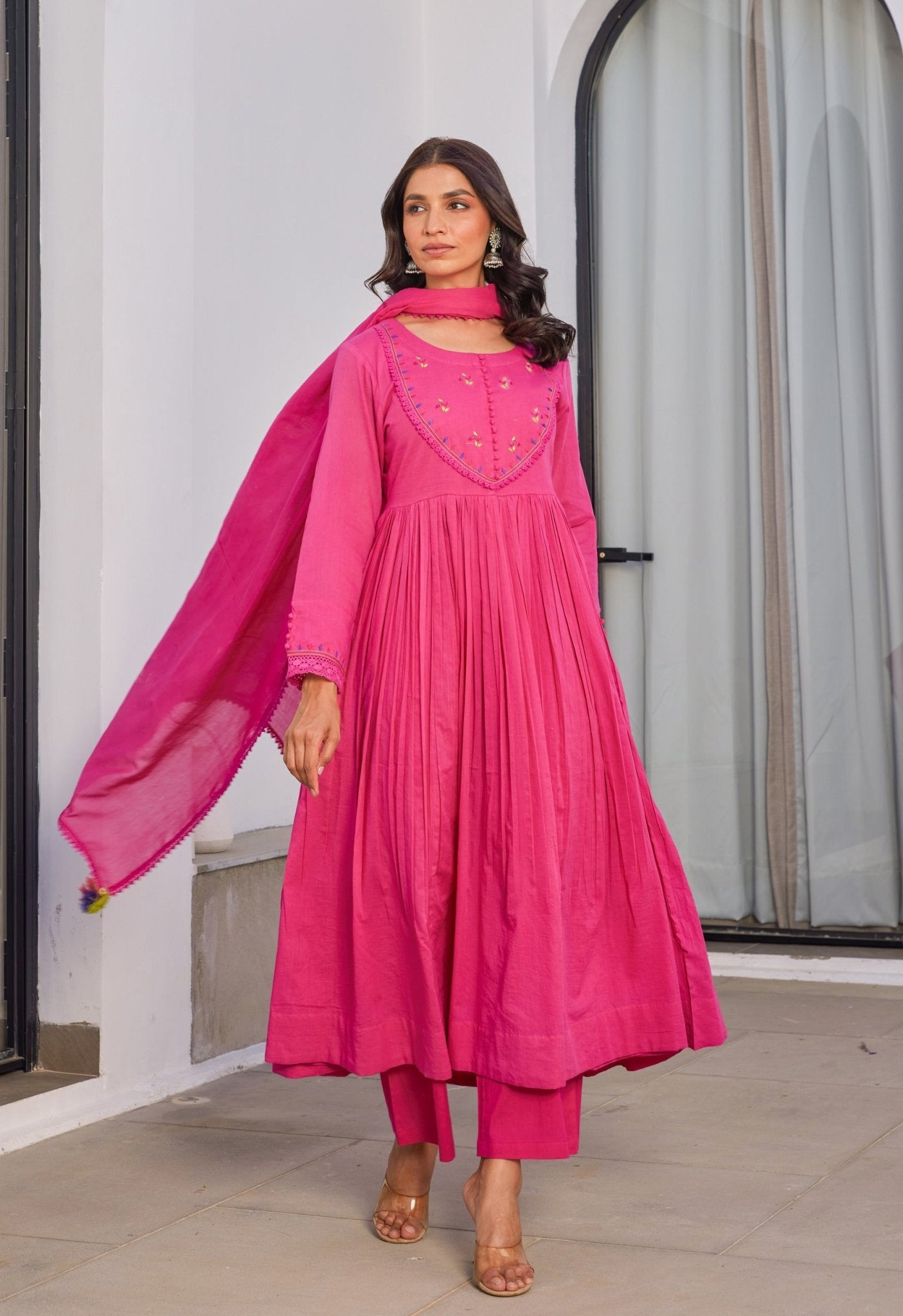 Hot Pink Cotton Mulmul Anarkali Kurta Set With Dupatta - Tara - C - Tara